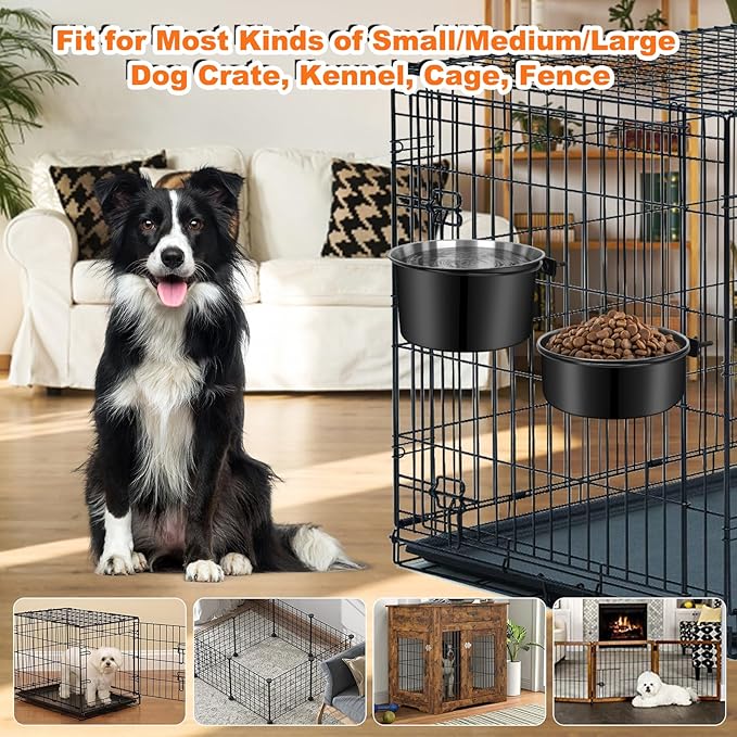 Kennel Water Bowl Hanging, 2 Pack Stainless Steel Dog Bowls for Crate No Spill, Large Pet Cage Bowls for Medium/Large Dog Cat Rabbit Ferret Guinea Pig