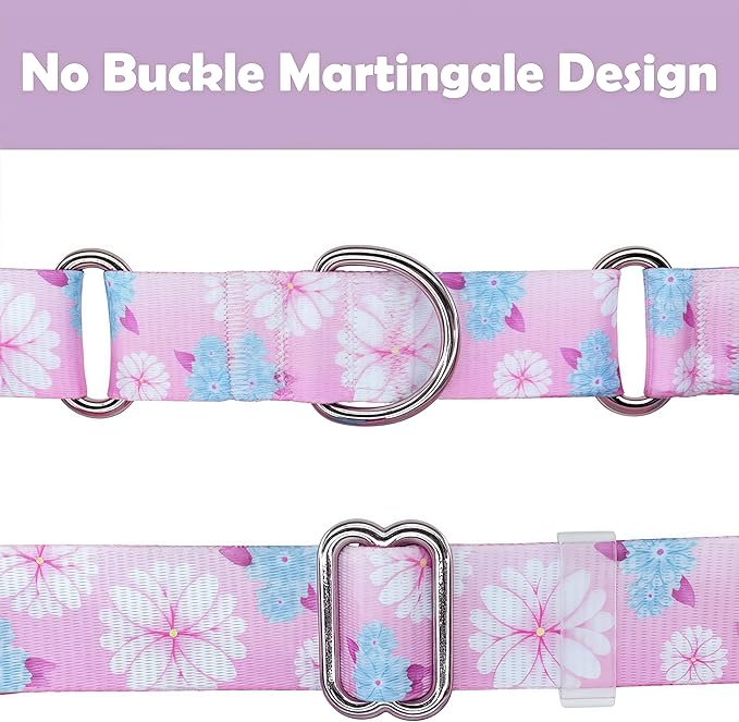 Martingale Dog Collar, Adjustable Soft No Pull Training Collar with No Buckle, Floral Pattern No Slip Martingale Collars for Medium Dogs (1" Width M)