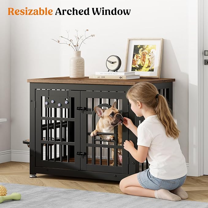 Lulive Dog Crate Furniture 31.5" Wooden Dog Kennel Table with Bowls Heavy Duty Dog Crates for Small/Medium/Large Dogs, Dog Kennel Furniture Indoor as TV Stand End Table,Brown