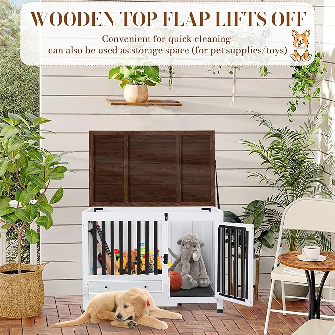 Dog Crate Furniture for Small and Medium Dogs, Decorative Wooden Dog Cage Indoor Pet House Side Table with 360° Swivel Feeder