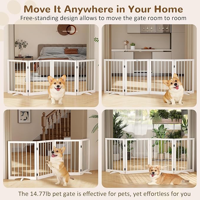 Free Standing Dog Gate Indoor, Foldable Dog Gate for Doorways Stairs Hallways,4-Panel Freestanding Pet Gate with Support Feet for Stability, Folding Puppy Gate Easy to Move, Doggy Gate 72"x24"