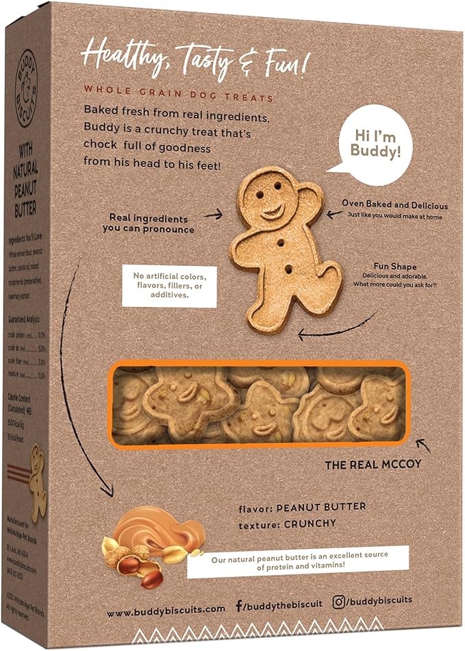 Buddy Biscuits 16 oz Box of Grain-Free Crunchy Dog Treats Made with Natural Peanut Butter (Pack of 4)