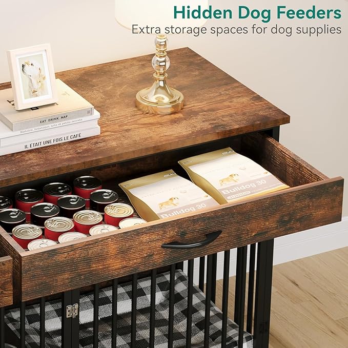 YITAHOME 91.3" Double Dog Crate Furniture with Dog Feeder, Heavy Duty Indoor Dog Kennel TV Stand with Drawers, Sturdy Dog Kennel with Divider for 2 Medium Large Dogs, Brown