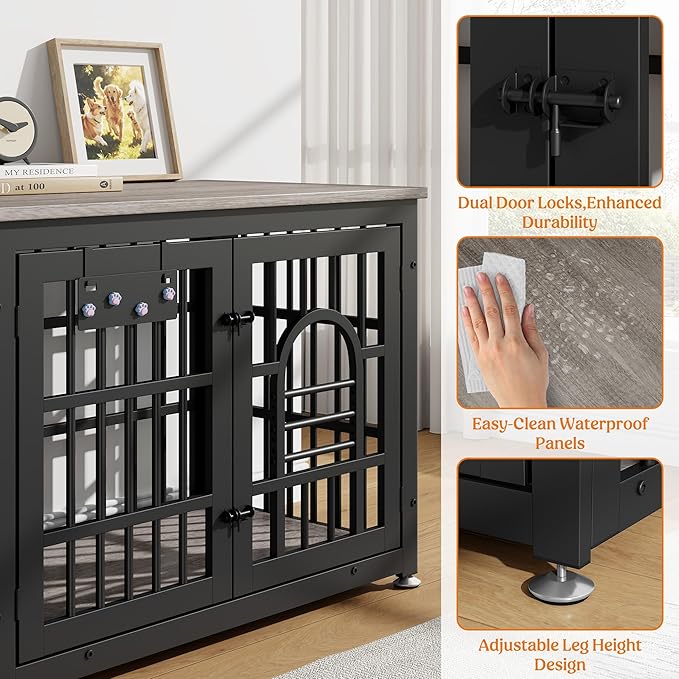 Lulive Dog Crate Furniture 37.8" Wooden Dog Kennel Table with Bowls Heavy Duty Dog Crates for Small/Medium/Large Dogs, Dog Kennel Furniture Indoor as TV Stand End Table,Grey