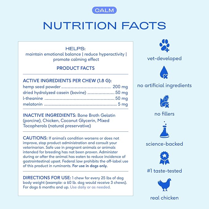 Native Pet Calming Chews for Dogs Medium Breed - Promotes Calming Effect, Supports Emotional Balance & Reduces Hyperactivity - Hemp Seed, Melatonin for Dogs, L-Theanine & Casein - 30 Days Supply