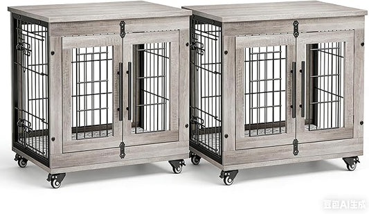 Lulive Small Dog Crate Furniture Set of 2, Dog Kennel Indoor Double Doors Wooden Dog Cage, 27'' Heavy Duty Dog Crate with Cushion & Wheels, End Table Pet House Chew-Resistant Up to 30 lb, Grey
