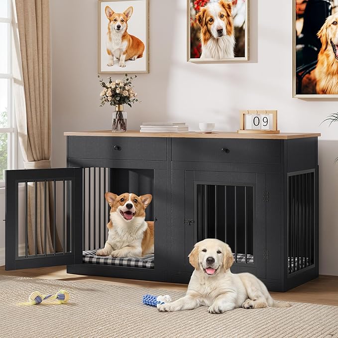 DWVO 60 Inch Double Dog Crate Furniture for 2 Dogs, Heavy Duty Wooden Dog Crate TV Stand with Removable Divider & Storage Drawers, Dogs Kennel Indoor Furniture Double Sliding Barn Door, Black