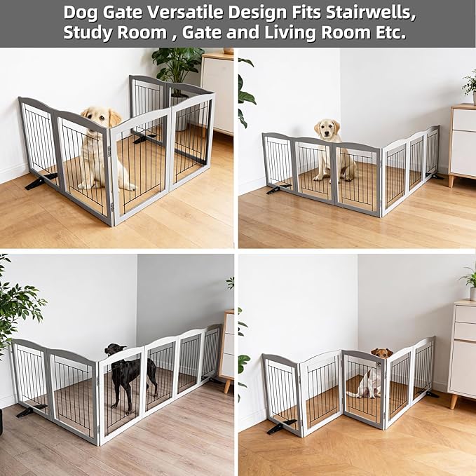 Dog Fence Indoor,Dog Gate Indoor for Doorway pet gate -6-Panel Freestanding, Hallways, House or Stairs -120x32-Inch Retractable Foldable Expandable Wood Pet by SFJC (Grey) ﻿