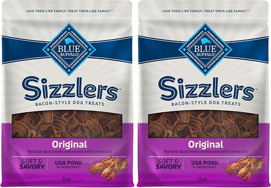 Blue Buffalo Sizzlers Natural Soft Dog Treats,Bacon-Style Soft-Moist Dog Treats with Real USA Pork,Original Flavor,6-oz Bag,(Pack of 2)