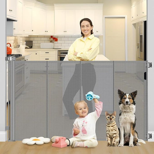 Reinforced 42" Tall X 80" Wide Retractable Baby Gate Extra Tall Cat Gate for Stairs No Sag Retractable Baby Gates for Doorways No Wrinkle Mesh Gates for Kids or Pets with Reinforced Strips, Gray