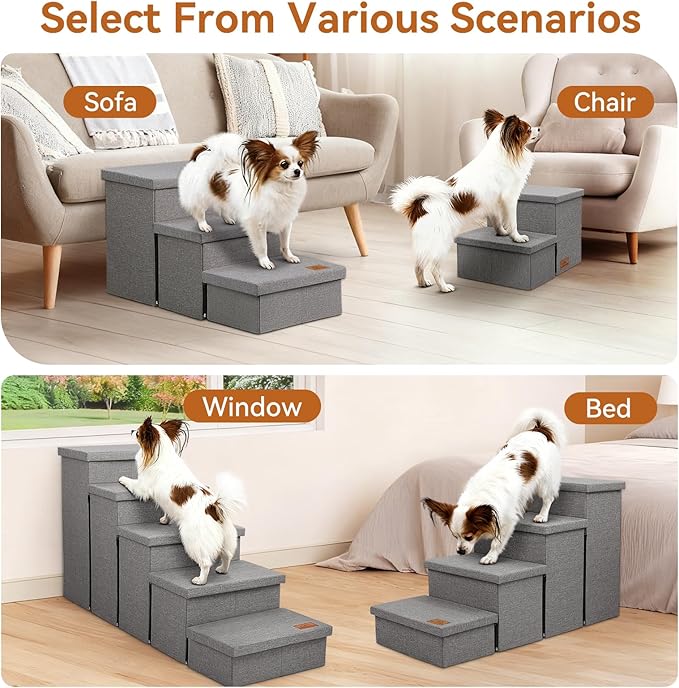 Dog Stairs with Storage 12" H, 2-Step Wider Dog Steps for Dogs Cats, Folding Sturdy Pet Stairs Climbing Sofa Couch, Ramp for Car Hold Up to 150 lbs (Gray, No Condo)