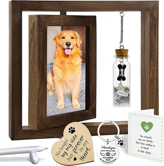 Pet Memorial Rotating 4x6 Picture Frame Wooden Gift for Dog Cat Fur Jar Rainbow Bridge Sympathy Keychain Loss Keepsake Message Card No Longer By My Side Tag In Memory Table Top Home Decor PR-6R