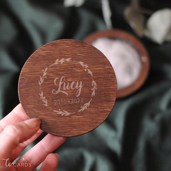 Personalized Pet Hair Keepsake Box for Dog and Cat Fur - Engraved Wood Memorial Box - Unique Customized Gift for Loss of Furry Friend Wooden (Dark Round Wood/Acrylic Lid)