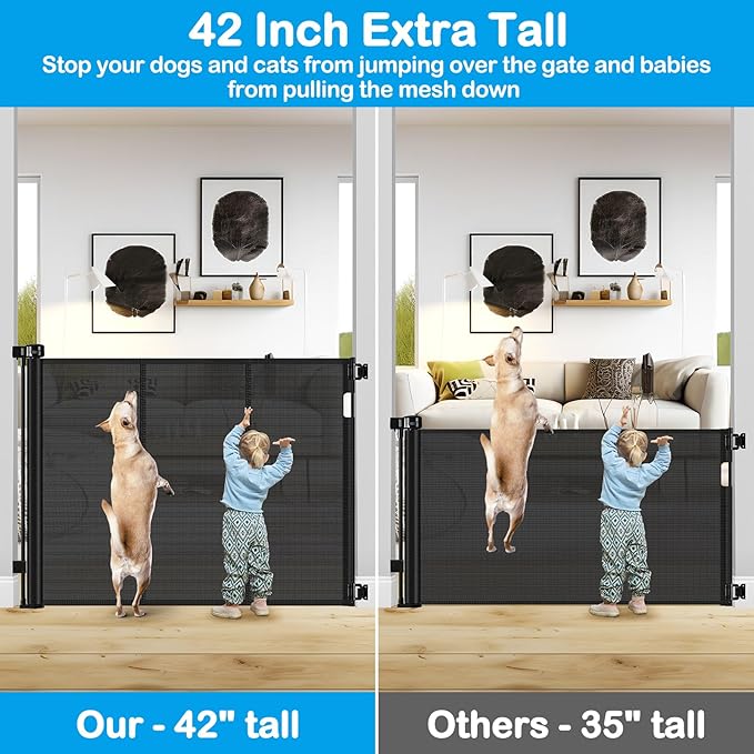 Reinforced 42 Inch Extra Tall Retractable Dog Gate with Reinforced Strips 55 Inch Wide Retractable Baby Gates for Doorways Anti-Scratch Extra Tall Dog Gate Outdoor Pet Gates for Dogs Indoor, Black