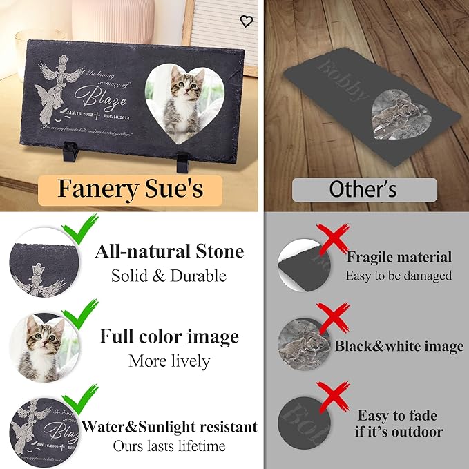 Fanery Sue Custom Cat Memorial Stones with Full Color Image, Dog Memorial Gift Garden Stones, Pet Grave Markers Personalized, All-Natural Memorial Headstone for Pet
