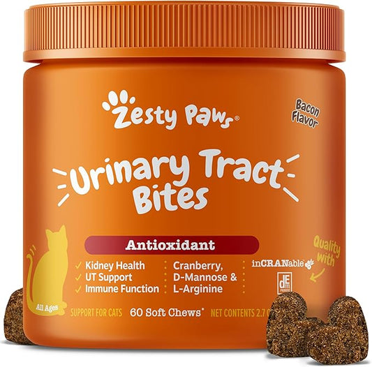 Zesty Paws Cranberry Urinary Tract Bites for Cats - Kidney & Urinary Tract Health - Soft Chews with D-Mannose, Vitamin B6 & L-Arginine - Immune & Gut Support - Bacon - 60 Count
