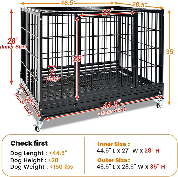 Homey Pet Heavy Duty Dog Crates for Large Dogs, 47 Inch Stackable Large Dog Crate Cage with 4 Wheels, 2 Removable Trays and Grids, 2 Bowls, Multi Locks Strong & Solid Escape Proof Dogs Kennel Indoor