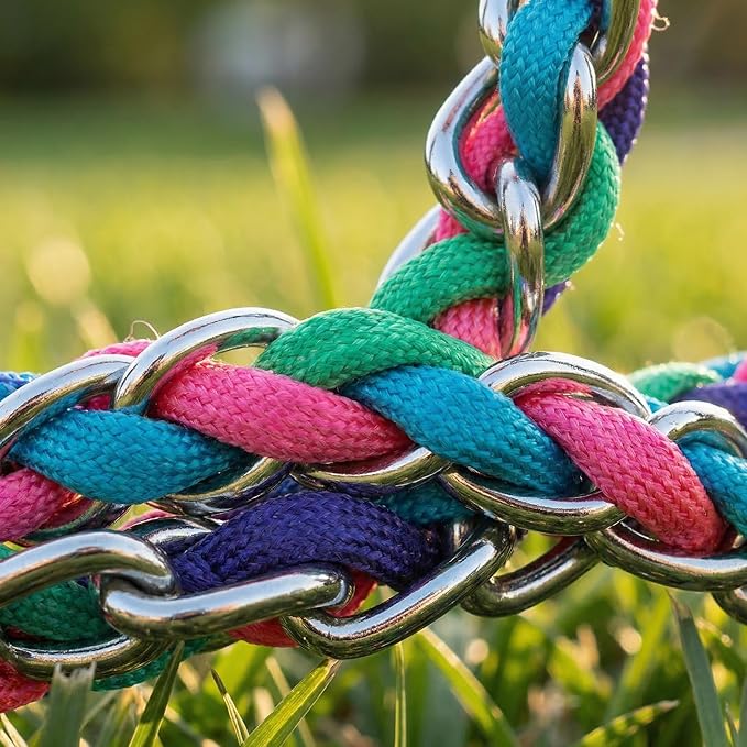 Chew Proof Metal Dog Leash with Built-in P-Chain Collar - 2FT/4FT for Small/Medium/Large Dogs (30-150lb), Anti-Bite Chain Link with Soft Padded Handle, 360° Rotating Clasp Colorful