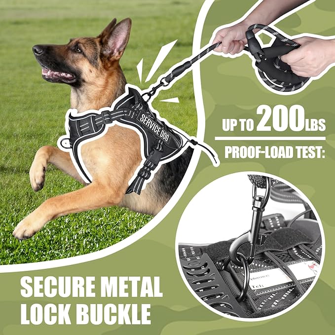 Service Dog Tactical Vest Harness and Leash Set Medium Sized Dog Emotional Support- Tactical Dog Harness Training Collar with Name (Black, L)