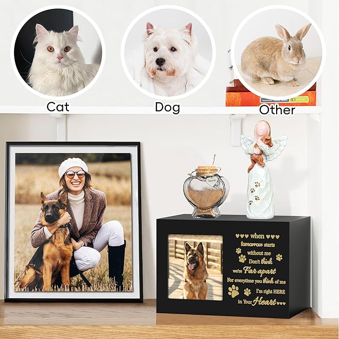 Pet Memorial Urn with Photo Frame, 110 Cubic Inches Wooden Pet Cremation Urn for Dogs & Cats, Sympathy Gift Set with Angel Figurine, Fur Keepsake Bottle & Ashes Bag