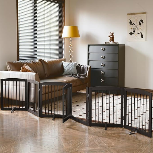 Freestanding Pet Gates with Walk Through Door, Dog Indoor Fence, Dog Gate for The House, Doorway, Stairs, Extra Wide Pet Gate, Support Feet Included, 120 Inch Wide, 6 Panels 24" Tall, Brown