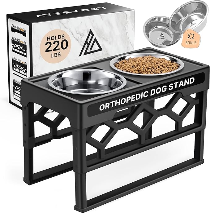AVERYDAY Elevated Dog Bowls, 4 Height Adjustable Stand for Medium and Large Dogs, Raised Dog Feeder Holder with 2 Stainless Steel Food and Water Bowls, Anti-Slip Base Tall Feeding Station