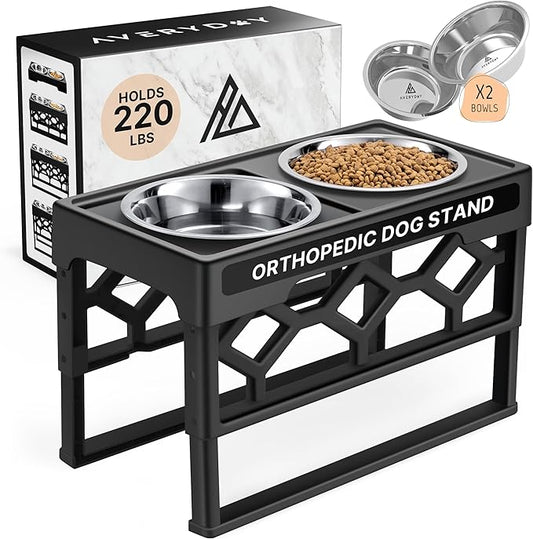 AVERYDAY Small Dog Bowls Elevated, 4 Height Adjustable Raised Dog Bowl Stand with 2 Stainless Steel Food and Water Bowls Set, Tall Dogs Feeding Station with Anti-Slip Base for Small Medium Breeds Dogs