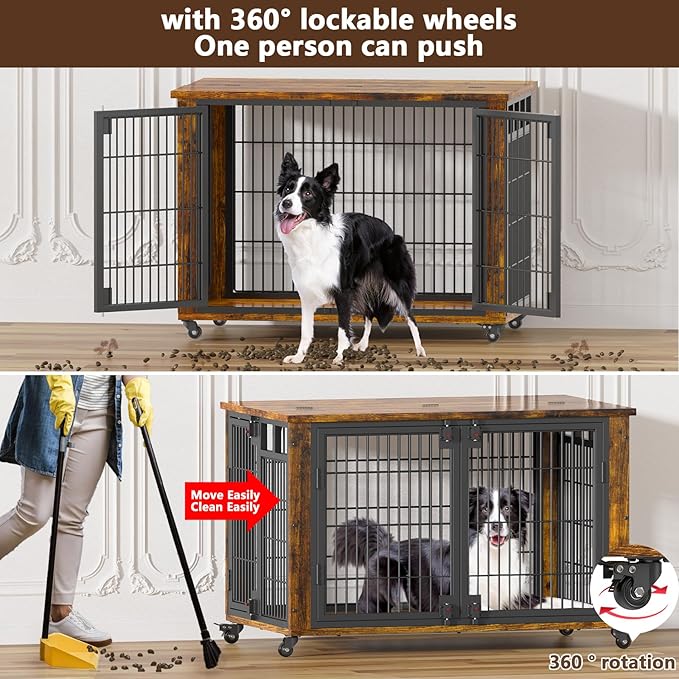 EasyCom 90% Pre-Assembled 41" Moveable XL Dog Crate, Large Dog Crate Furniture with Top-Access Teasing/Feeding Doors, Chew-Resistant Dog Kennel Indoor Furniture for Medium and Large Dogs
