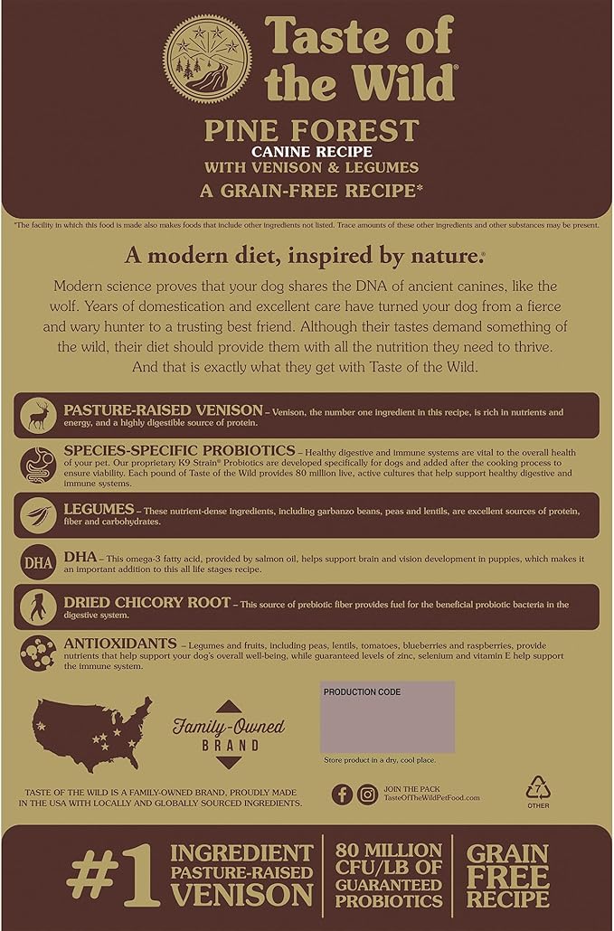 Taste of the Wild Pine Forest Grain-Free Recipe with Roasted Venison Dry Dog Food for All Life Stages, Made with High Protein from Real Venison, Superfoods and Guaranteed Nutrients Like Probiotics 5lb
