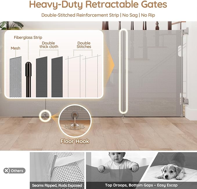 One-Hand Operation Retractable Baby Gates, 71 inch Retractable Gate with Reinforced Strip Design to Prevent Crawling Through, 6 FT Retractable Dog Gate for Stairs, Doorways, Hallways