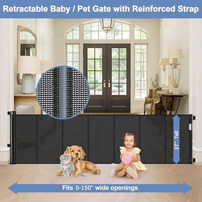 Reinforced 150 Inch Extra Wide Retractable Dog Gates for Doorways, Stop Babies and Dogs from Crawling Under, Extra Wide Baby Gates for Large Openings, Mesh Baby Gate Retractable Pet Gate Outdoor Black