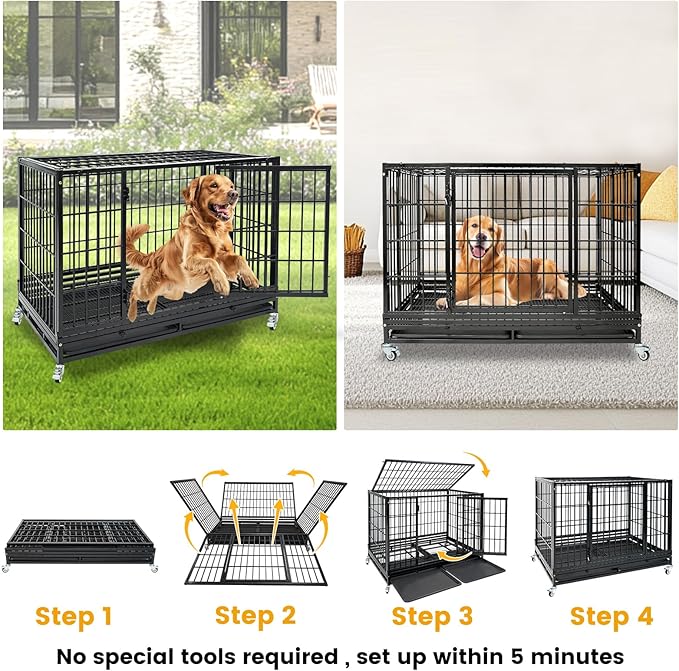 Stackable 47 Inch Heavy Duty Dog Crate for High Anxiety Large Dogs, Indestructible Escape Proof Dog Cage Kennel Indoor with Double Door, Dual Locks, Lockable Wheels, Strong Metal Grid & Removable Tray