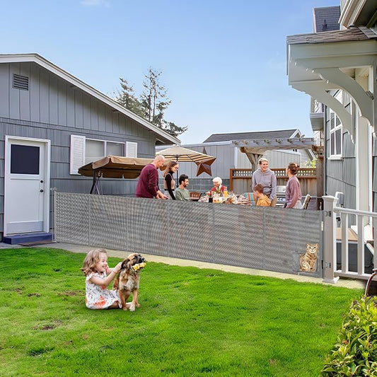 Reinforced 150 Inch Extra Wide Dog Gate with Cat Door 12.5 Ft Extra Long Baby Gates for Large Openings 33” Tall Retractable Pet Gates for Wide Openings Large Pet Gate with Cat Door, Gray