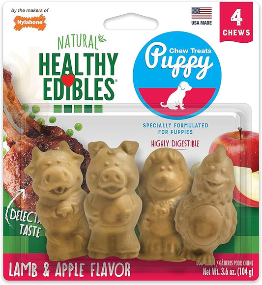 Nylabone Healthy Edibles Natural Puppy Chews Long Lasting Treats for Puppies, Lamb & Apple Flavor, Small/Regular (4 Count)