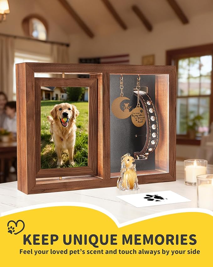 Dog & Cat 3-IN-1 Memorial Wooden Picture Frame Set, Lost Pet Sympathy Gifts with 360° Rotation Wooden Picture Frame for Two 4"x6" Photos, Pet Memory Gifts for Dog/Cat Passing