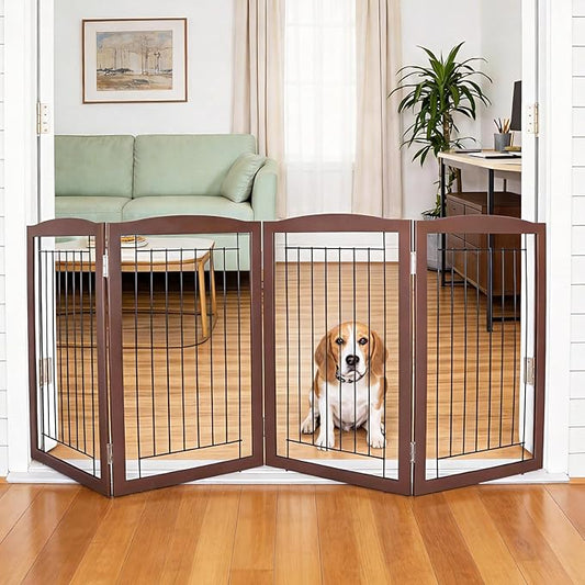 ZJSF Freestanding Foldable Dog Gate for House Extra Wide Wooden Brown Puppy Gate Stairs Dog Gates Doorways Tall Pet Gate 32 "Height 4 Panels Pet Fence