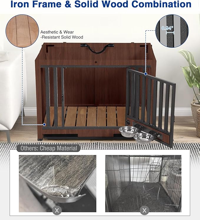 Dog Crate Furniture, Foldable Wooden Dog Kennel Furniture with 360° Rotating Feeding Bowls, Iron Frame Dog Crate with Deepened Sliding Tray - Dark Brown