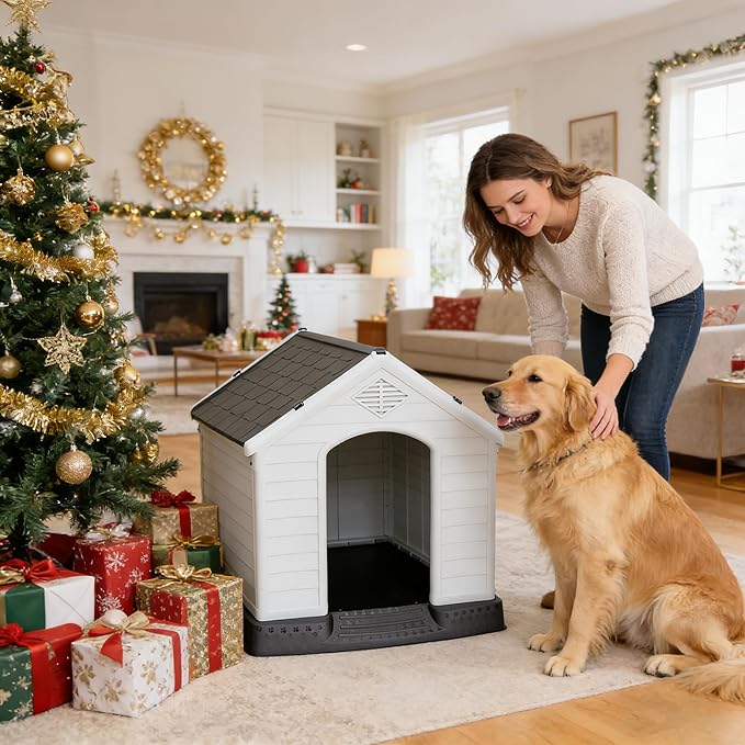 Large Plastic Dog House Indoor Outdoor Doghouse Dog Kennel Easy to Assemble Puppy Shelter with Air Vents Elevated Floor Waterproof (Grey, 28inch)