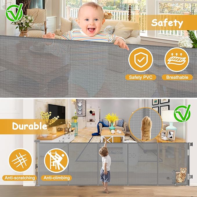 Reinforced 120 Inch Extra Large Retractable Dog Gate with Cat Door 10ft Extra Wide Baby Gates for Large Openings 33 Inch Tall Pet Gate Indoor with Reinforced Strips Long Baby Gates With Cat Door, Gray