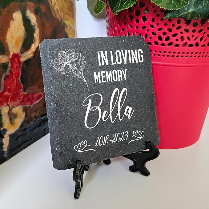 Personalized Individual Square Memorial Plaque + Stand for Pet Cat Dog Slate Stone Frame Paw Grave Marker - Size 3.94" x 3.94" or 100 x 100 mm - in Loving Memory