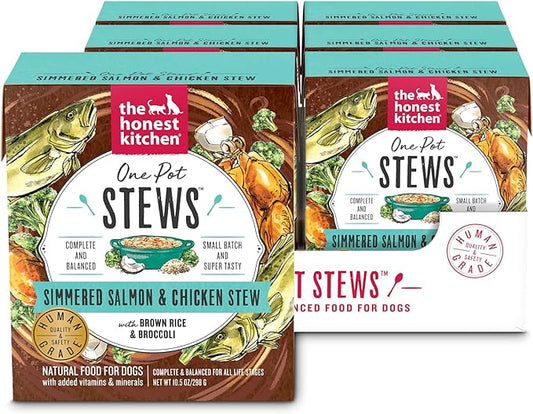 The Honest Kitchen Human Grade One Pot Stews: Simmered Salmon & Chicken Stew with Brown Rice & Broccoli Wet Dog Food, 10.5 oz x6