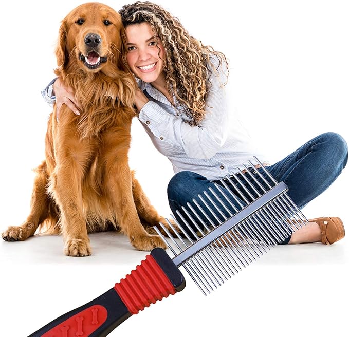 Metal Dog Combs for Grooming Shedding Dematting Stainless Wide Tooth for Long and Short Hair Deshedding Tools Greyhound Siberian Husky Gifts Hair Brush Small and Large Dogs Cats Undercoat Supplies