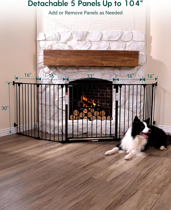 Babelio 104" Extra Wide Baby Gate, 30" Tall Auto Close Dog Fence for Stairs Doorways Fireplace, Hardware Mounted Pet Gate Indoor, Foldable 5 Metal Panels, Black