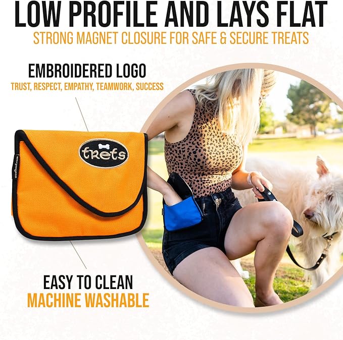 Woofhoof Dog Treat Pouch, Orange Training Treat Pouch - Clip On Dog Treat Holder, Innovative No Spill Design, Magnetic Flap, Expandable Gusset, Made of Durable Nylon, Machine Washable