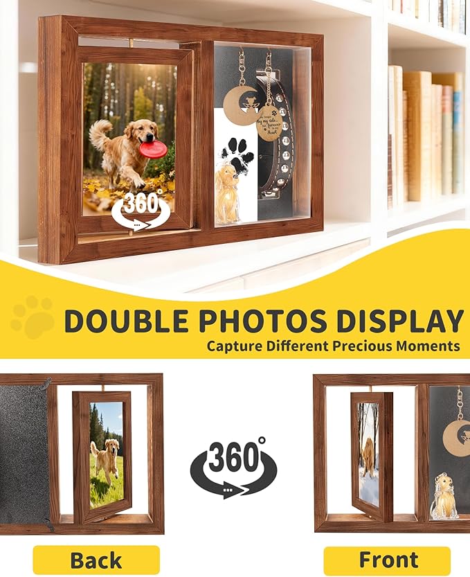 Dog & Cat 3-IN-1 Memorial Wooden Picture Frame Set, Lost Pet Sympathy Gifts with 360° Rotation Wooden Picture Frame for Two 4"x6" Photos, Pet Memory Gifts for Dog/Cat Passing