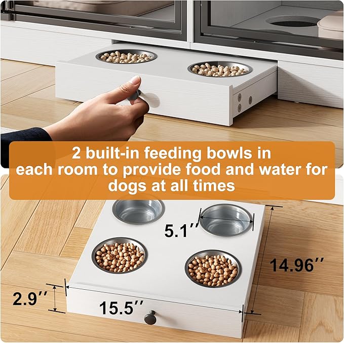 IDEALHOUSE 78.7" Double Dog Crate Furniture with Storage and 4 Doors, Dog Kennel Indoor with Feeding Bowls, Wood Dog Crate TV Stand for Small Medium Dogs, White