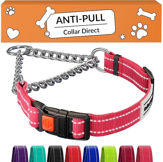 CollarDirect Martingale Dog Collar with Stainless Steel Chain and Quick Release Buckle - Reflective Collar for Large, Medium, Small Dogs - Pink, Large (Neck Size 17"-22")