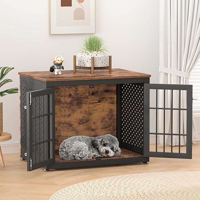 32" Heavy Duty Dog Crate Furniture for Small and Medium Dogs, Metal Kennel for High Anxiety Dogs, Chew Proof Pet Cage Indoor, Decorative Dog Kennel End Table