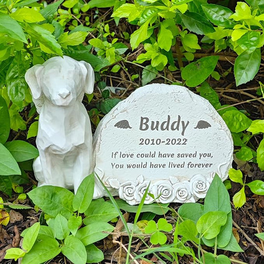 Personalized Dog Angel Memorial Garden Stone Engrave with Any Message, Pet Dog Memorial Grave Marker with Angel Dog Statue, Dog Cemetery Headstone, Dog Tombstone Gravestone, Loss Dog Memorial Gifts