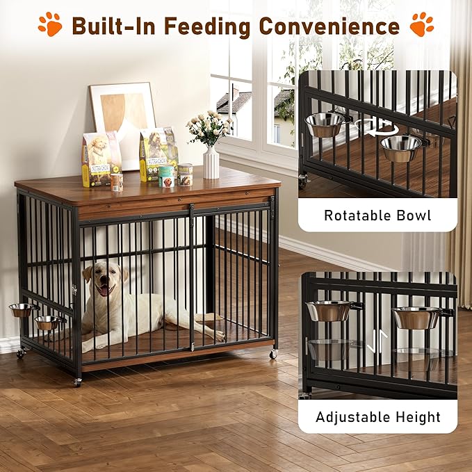 Dog Crate Furniture, 48’’ Wooden Dog Kennel Indoor with Sliding Front Door, Multi-Side Openings & Feeding Window Pet Cage House as TV Stand(Brown)